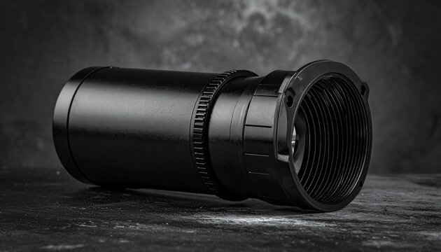 &ldquo;Black cylindrical studio strobe light with circular glass front and textured body on neutral background&rdquo;