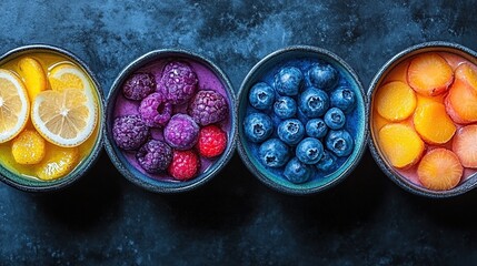 Lemon Halves, Purple Raspberries, Blueberries, and Orange Slices Arranged in Small Metal Buckets on a Deep Blue Background