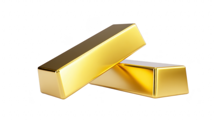 Two shiny gold bars stacked on transparency background, reflecting light and symbolizing wealth, investment, and financial security, with luxurious and valuable appearance
