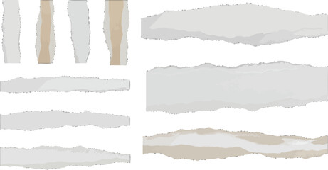 Collection of various ripped paper strips and torn edges featuring white and brown cardboard textures isolated on a black background for collage design