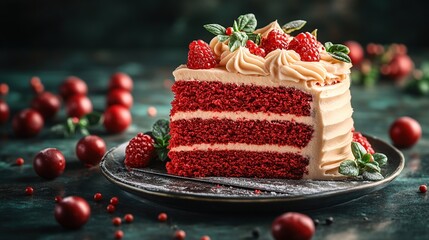 Luxurious Red Velvet Cake Slice Adorned with Cream Cheese Frosting and Festive Rosettes on a Dark Plate
