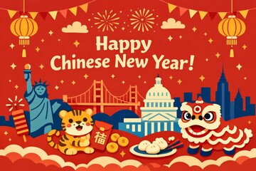 Fototapeta premium Chinese new year lunar celebration at America poster background. Generative AI technology. 