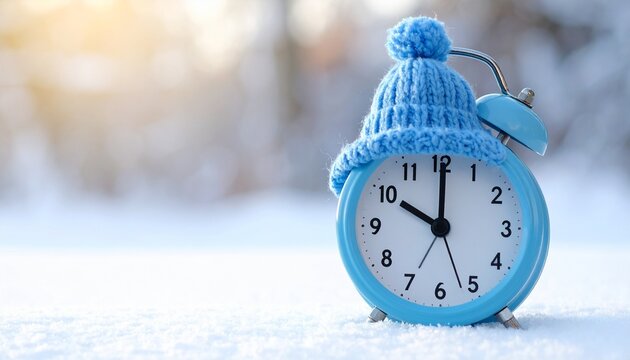 Blue analog alarm clock with white face and black numbers wearing blue fleece hat, cozy winter concept.