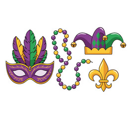 Mardi Gras Vector Set Mask Beads Jester Hat and Fleur de lis Elements © Nurlaily