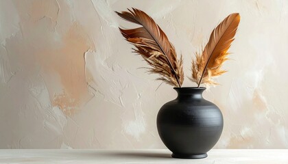 Dark ceramic vase with two upright brown feathers on neutral textured background, contrasting hard and soft elements.