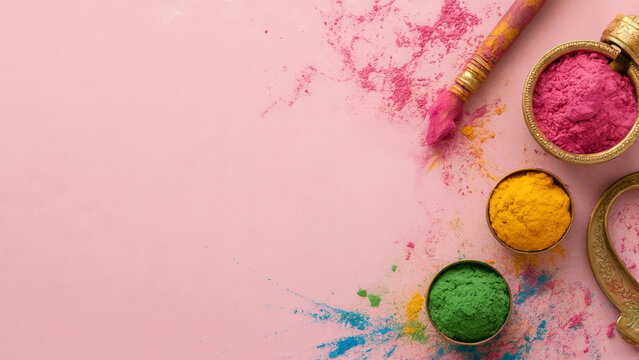 Vibrant Holi Festival Background with Bowls of Colorful Gulal Powder and Copy Space