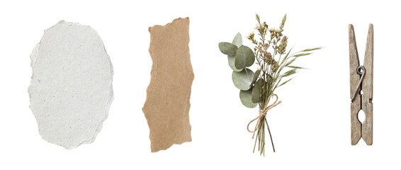 Set of handmade white paper torn kraft strip dried eucalyptus bouquet and vintage wooden clothespin for rustic scrapbooking collage and botanical craft design © Vitalo4ok