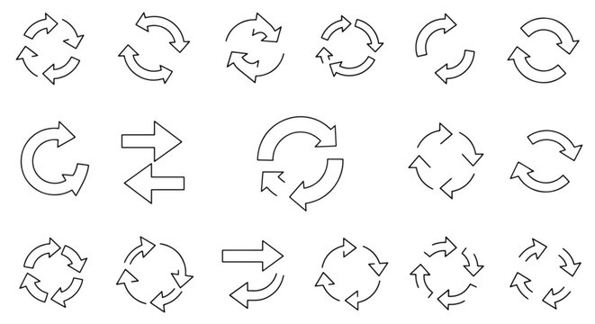 A collection of various outline arrow icons representing concepts like refresh, recycle, repeat, rotation, and exchange, isolated on a white background.