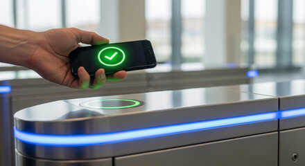 Close-up of a hand holding a smartphone displaying a green checkmark, authorizing entry at a modern, high-tech turnstile.