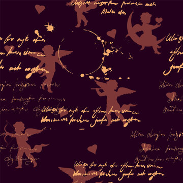 Seamless pattern vintage cupid dark romantic on black background, illegible script, text