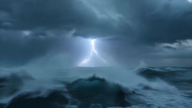 Ocean storm scene with rising waves and lightning in open sea