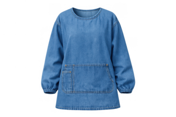 Blue denim smock with long sleeves and large kangaroo pocket, comfortable casual workwear tunic, transparent background