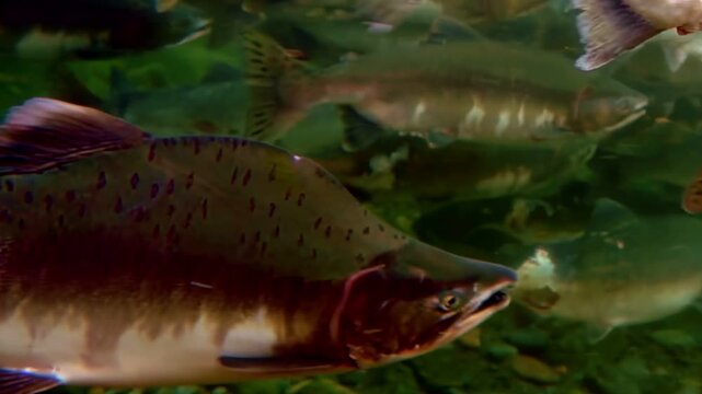 A captivating journey into the underwater realm. Witness the arduous and marvelous migration of Salmon in crystal-clear waters, a testament to nature's relentless spirit and the cycle of life.