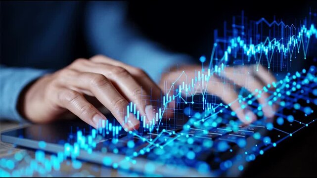 A business professional analyzes financial data on a laptop. The focus is on hands typing while graphs and charts display on the screen, indicating a busy work environment.