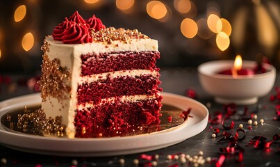 Rich red velvet and cream cheese layered cake presented in a dramatic close-up