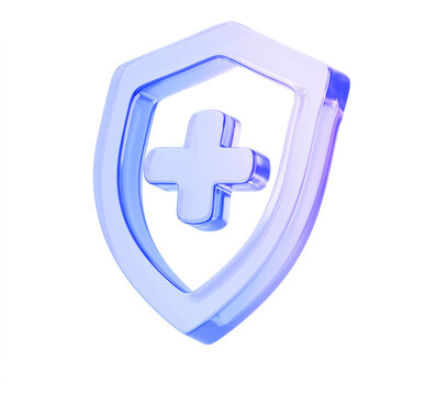 3d blue glass shield icon with medical plus cross sign. Health protection symbol for life insurance, clinic services, hospital or wellness center. Healthcare security concept