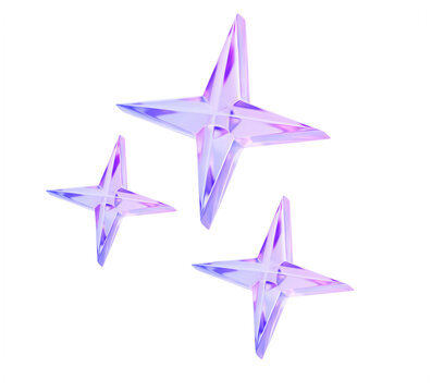 3d holographic glass star cluster icon render. Abstract space object, galaxy design element with purple blue gradient. Crystal geometric translucent shapes, shining diamond sparkles