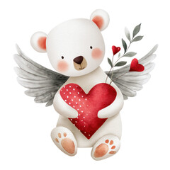 Fototapeta premium Cute angelic bear illustration holding a red heart with wings and greenery, perfect for Valentine's Day celebrations and romantic themes
