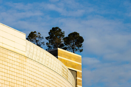 Modern architectural structure with curved tiled facade and striped rectangular tower topped by pine trees, set against clear sky with scattered clouds and natural daylight.