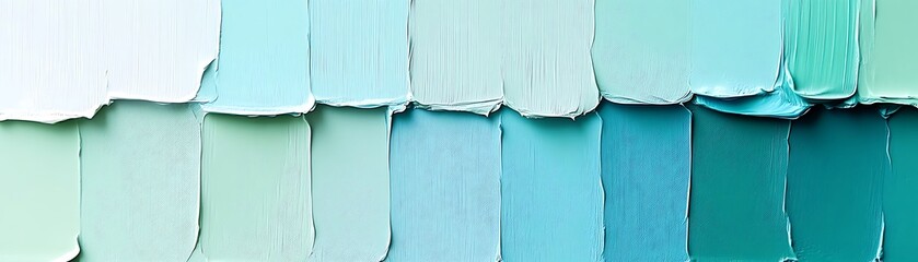 Assorted blue and green paint swatches arranged in a gradient pattern on a wall showcasing various shades and hues for color selection