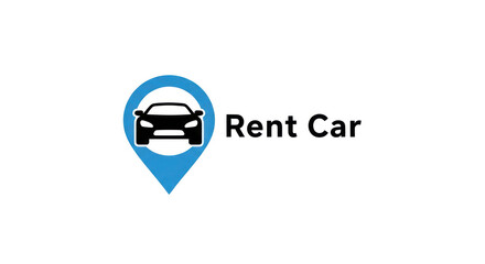 Car rental logo design featuring a car icon inside a location pin with the text 'Rent Car' in a modern style for transportation services