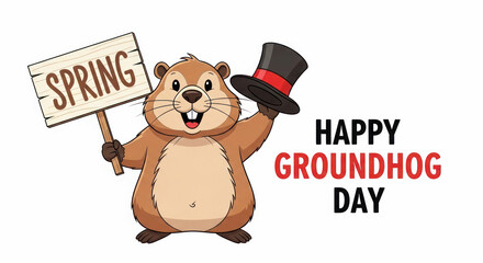 Cartoon groundhog character holding a sign that says Spring and wearing a top hat, celebrating Happy Groundhog Day with cheerful expression and bright colors