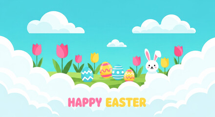 Colorful Easter illustration featuring a cute bunny, decorated eggs, and blooming tulips against a bright sky with fluffy clouds and cheerful text