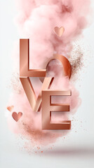 3D illustration of the word love in rose gold with pink smoke and hearts, perfect for Valentine's Day celebrations and romantic themes