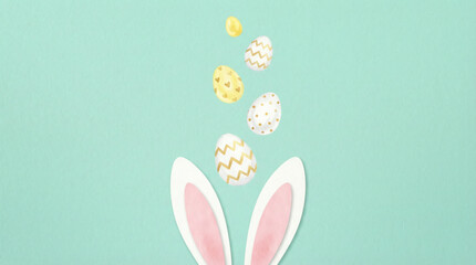 Colorful Easter eggs floating above a pair of bunny ears on a pastel background, perfect for seasonal celebrations and holiday decorations