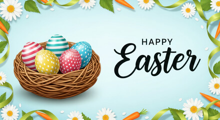 Colorful Easter eggs in a woven nest surrounded by daisies and carrots with a cheerful "Happy Easter" greeting on a light blue background