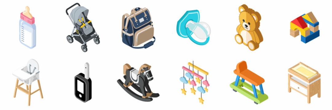 Isometric Baby and Childcare Icons Set: Essentials including Stroller, Bottle, Pacifier, High Chair, Toys, and Changing Table.