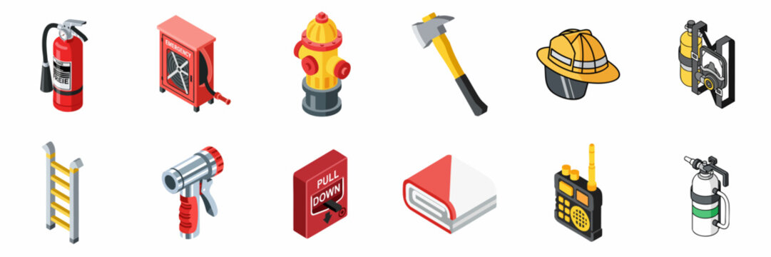 Isometric set of essential firefighting and emergency equipment icons, including extinguisher, hydrant, helmet, axe, hose reel, and alarm pull station.