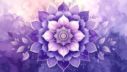 Ornate flower mandala in watercolor hues of purple and lavender, radiating delicate patterns and leafy accents