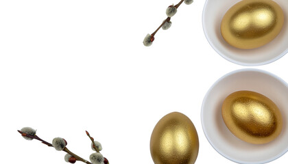 Three golden easter eggs sits on a white background as a festive Easter holiday decoration featuring yellow gold tones and natural brown berry accents 