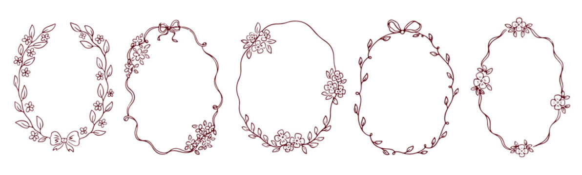 Hand drawn whimsical floral frames with bow and ribbon. Coquette vintage elegant ornamental designs with flower decorations, curls for poster, wedding and invitations. Vector botanical spring wreath