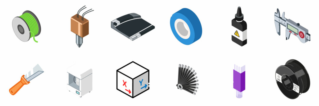 Isometric 3D Printing Icons Set: Featuring Filament, Build Plate, Calipers, Printer, Tools, and Accessories Isolated on White.