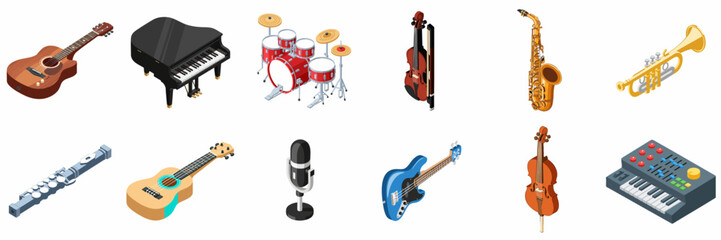 A Comprehensive Isometric Set of Musical Instruments and Audio Gear Icons: Guitars, Piano, Drums, Saxophone, and Synth. © Asep