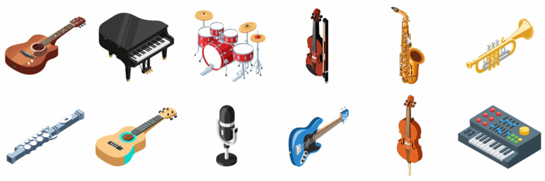 A Comprehensive Isometric Set of Musical Instruments and Audio Gear Icons: Guitars, Piano, Drums, Saxophone, and Synth.