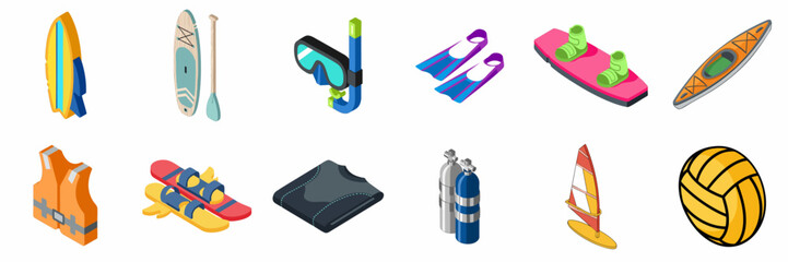Water Sports Equipment Isometric Icons Set. Includes surfing, diving, wakeboarding, kayaking, windsurfing gear, paddleboards, life jacket, and snorkeling accessories.