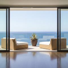 Obraz premium Ocean view from luxury balcony with two chairs and plant. Relaxing getaway and vacation concept for real estate advertising.