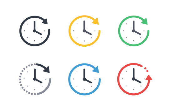 Collection of colorful clock icons with circular arrows indicating time passing or refresh