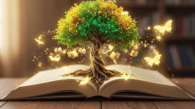 Tree of Knowledge Growing from Open Book Fantasy Concept