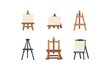 Collection of six different art easels with blank canvases on a white background