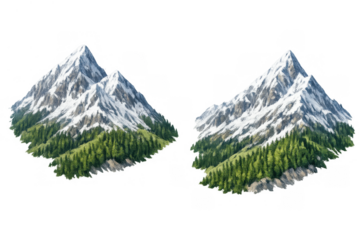 Mountain peaks with snow caps and green pine forest, alpine landscape isolated on transparent background
