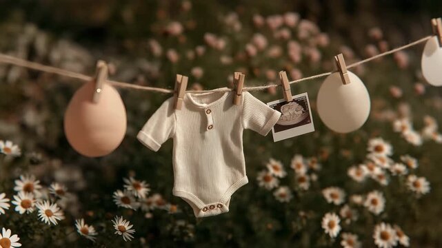 Baby bodysuits hanging on a line with pastel balloons and ultrasound photos, celebration of parenthood.
