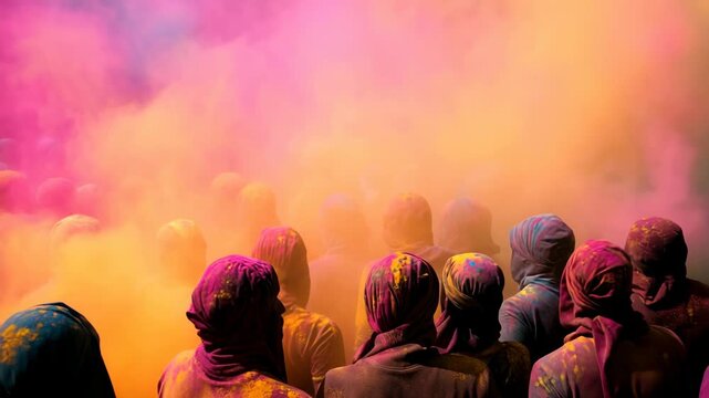 Vibrant video still of a festival with colorful powder clouds. Captured from a low angle, showcasing dynamic energy and cultural celebration. Live desktop wallpaper.