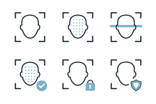 Facial recognition icons showing scanning, verification, security, and privacy concepts