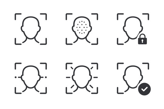 Facial recognition icons showing different stages of identification and security processes