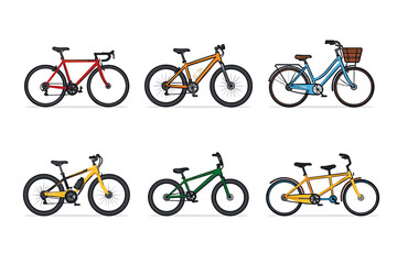 Fototapeta premium Collection of six different types of bicycles in a flat design style