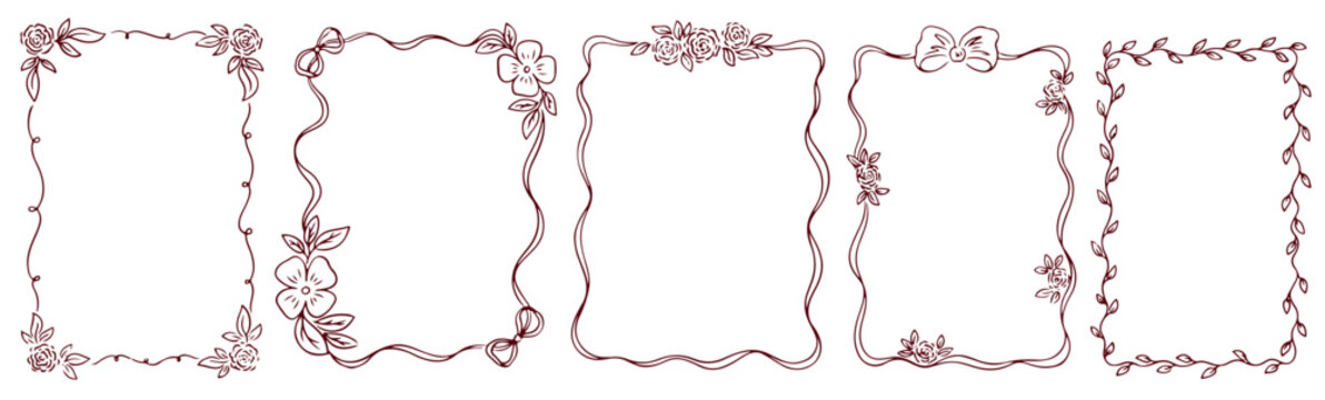 Hand drawn whimsical floral frames collection. Vintage coquette botanical spring flower wreath with bows and ribbons. Vector ornamental design with flower, curls for poster, wedding and invitations.